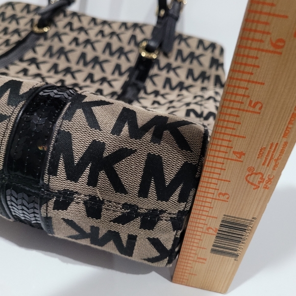 Michael Kors Purse All Over Logo Sequins  & Leather Straps Gold Accent Grommets - Picture 8 of 10